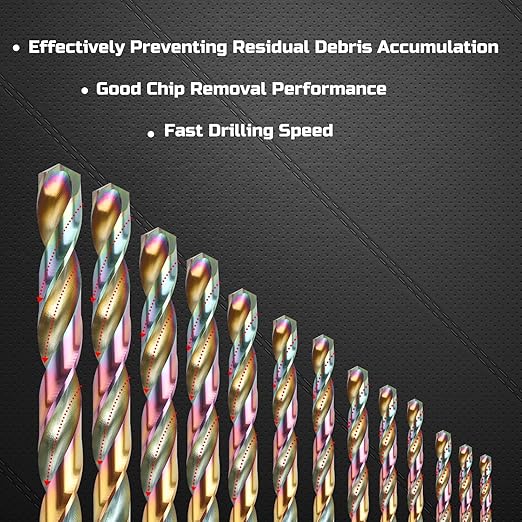 Lichamp Drill Bit Set, 13Pcs M2 HSS Cobalt Drill Bits from 1/16" to 1/4" for Metal, Cast Iron, Stainless Steel and Plastic with Durable Index Metal Storage Case, Colorful Titanium Plating