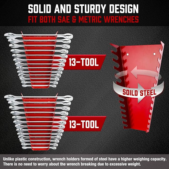 ALOANES 26-Slot Metal Wrench Organizer, Heavy Duty Wrench Organizer Tray for Tool Box, Professional Fit SAE & Metric Wrench Storage, 2 Pack Wrench Holders(Red&Black)
