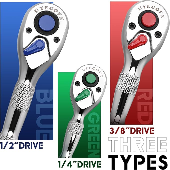 Ratchet Set 3PCs-1/4 Drive Ratchet, 3/8" Drive Ratchet, 1/2" Drive Ratchet, Ratchet Set-Colorful Stubby Ratchet Wrench Set 72-Tooth Small Ratchet Set with IXPE Storage Tray