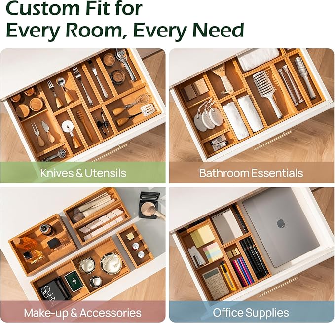 10-Piece Bamboo Drawer Organizer Set, 2.2" Deep | Multi-Use Organizers for Utensils, Silverware, Cutlery, Desk, Bathroom, Junk Drawer & Makeup, Non-Slip Feet Included.