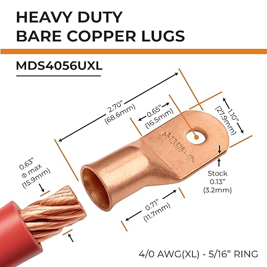 SELTERM 2pcs 4/0 AWG (XL) 5/16" Stud Copper Wire Lugs, Battery Lugs, Ring Terminals, Battery Cable Ends, 0000 Gauge Ring Terminal Connectors, UL Heavy Duty Bare Copper Eyelets Battery Cable Lugs
