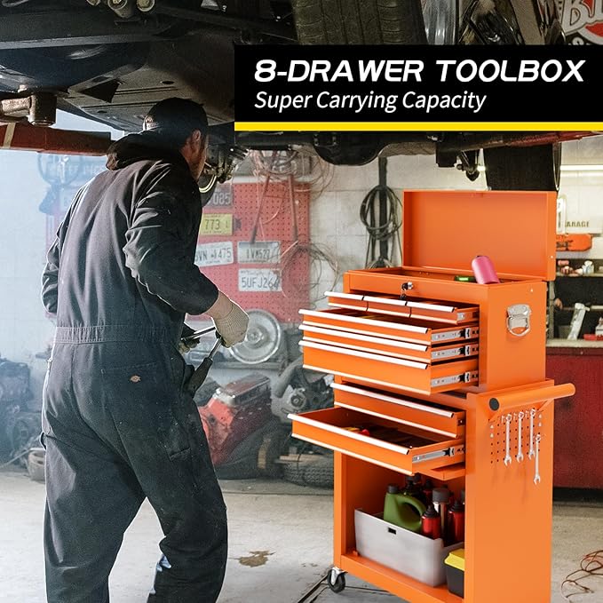 On Shine 8 Drawer Rolling Tool Chest, Large Capacity Rolling Tool Box with Wheels, Locking Mechanical Tool Chest, Portable Tool Box with Sliding Drawers,Metal Tool Box for Garage Workshop (Orange)