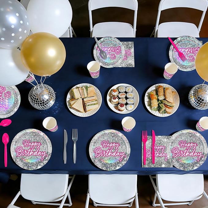 168 Pcs Hot Pink Disco Theme Party Decorations Serves 24 | Hot Pink Silver - Image 6