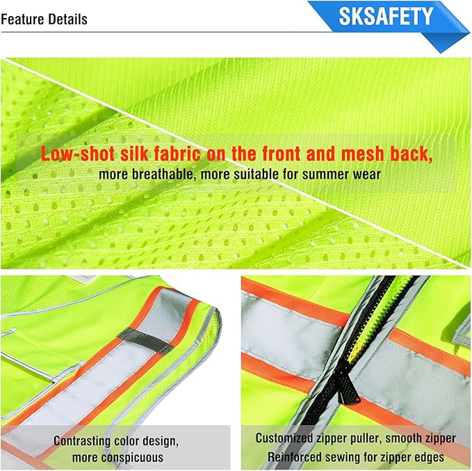 SKSAFETY 10 Pockets Safety Vest, Class 2 High Visibility Security with Zipper Back Mesh, Hi Vis Vest with Reflective Strips, ANSI/ISEA Standard, Construction Work Vest for Men ＆ Women （Lime, M）