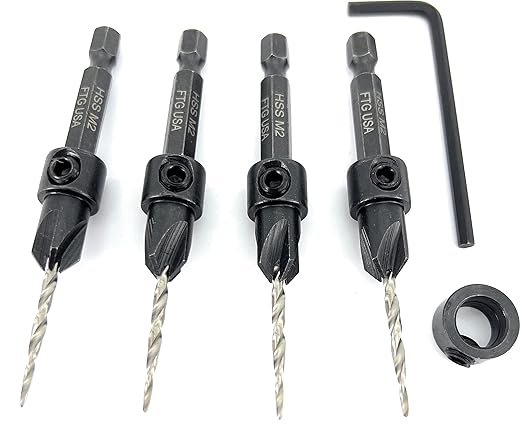 FTG USA Adjustable Wood Countersink Drill Bit Set 4 Pc #4 (7/64") with Tapered Drill Bit for Woodworking