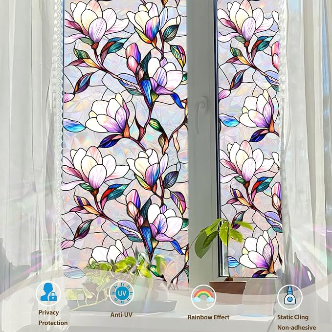 Rainbow Magnolia Stained Glass Window Privacy Film 17.5"x78.7" | Static - Image 2