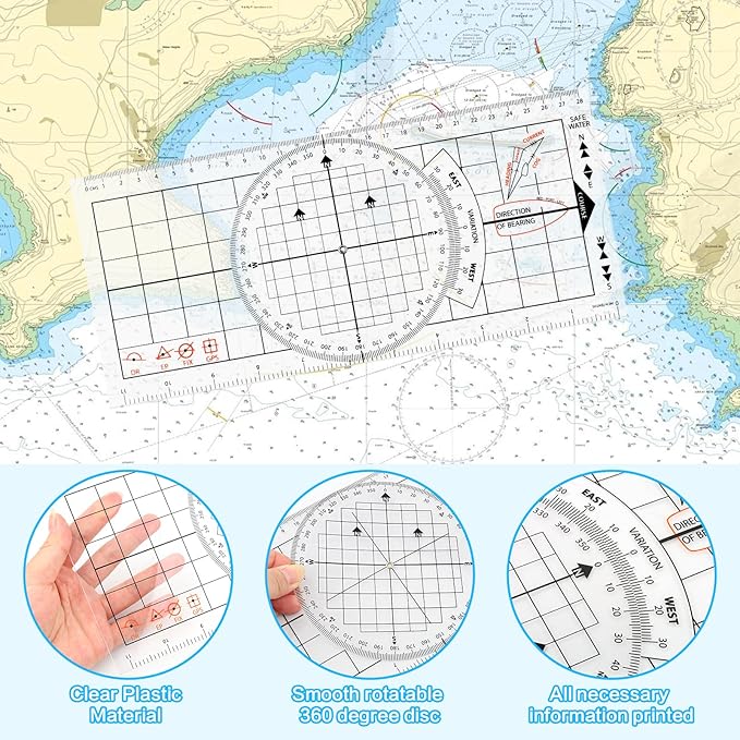 Ironwarrior 3 Pcs Basic Navigation Set,Including 15inch Parallel Ruler with Brass Arms, Nautical Protractor, and 6 Inch Marine Fixed Points Divider, Marine Accessories with Clear Scales for Boat