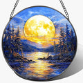 8'' Full Moon Over Forest Lake Suncatcher Ornament, Stained Glass Window Hanging by Unknown
