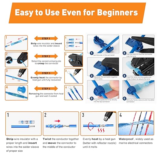 Kuject 500PCS Multipurpose Heat Shrink Wire Connectors Waterproof Electrical Crimp Connector Assortment Kit, Insulated Ring Fork Spade T-Tap Solder Butt Splice Terminal for Automotive Marine Boat