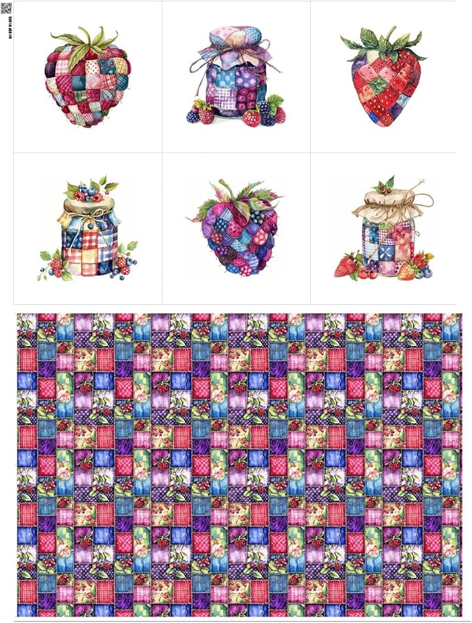 Patchwork Berry Jar Cotton Fabric Panel – 6 Designs + Bonus Sheet 29.5×19.6 inch by FabricsTown