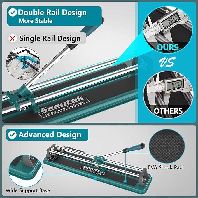 Seeutek Manual Tile Cutter, 14 inch Professional Porcelain Ceramic Tile Cutter, Double Rails Design Tile Cutter Tool, with Tungsten Carbide Cutting Wheel