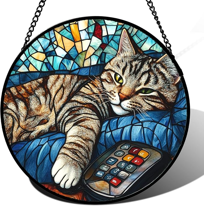 DASTOLL Stained Glass Window Hanging Gray Cat and Remote Control Large 15" by DASTOLL