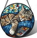 DASTOLL Stained Glass Window Hanging Gray Cat and Remote Control 9.8" by DASTOLL