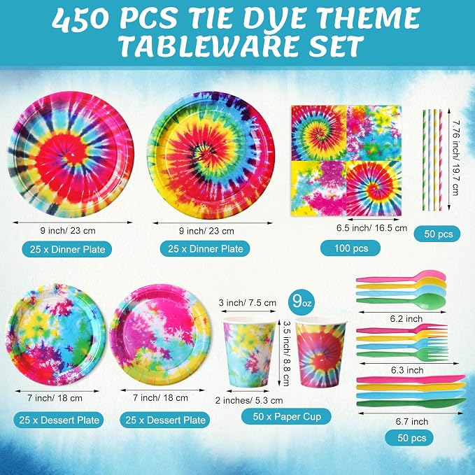450 Pcs Tie Dye Party Tableware Set Decorations Rainbow Birthday Paper Plates - Image 2