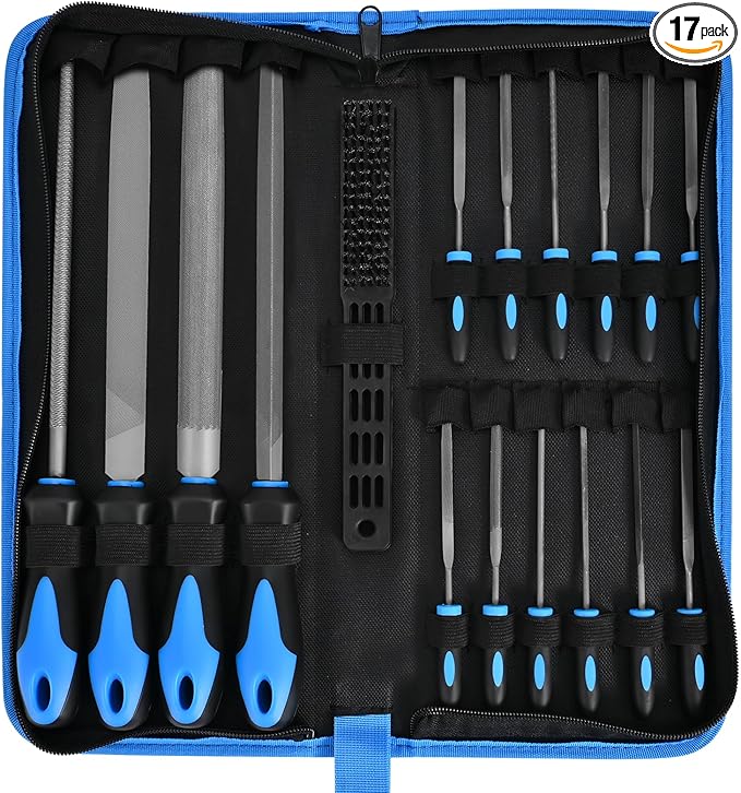 17-Piece Metal File Set with Carrying Case, 4 Large Metal Files, 12 Small Needle Files, and Cleaning Brush, Perfect for Wood, Plastic, and More