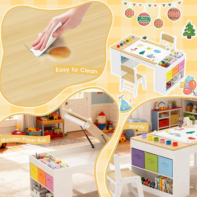 Kids Art Table and 2 Chairs Set, Wooden Craft Desk - Image 6