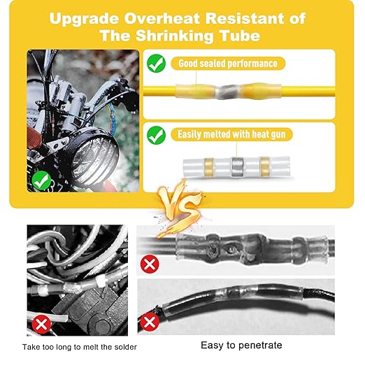 Kuject 200PCS Solder Seal Wire Connectors AWG 12-10, Yellow Solder Seal Heat Shrink Butt Connectors Terminals Solder Sleeve Waterproof Wire Splice Connector for Marine Boat Wire Joint