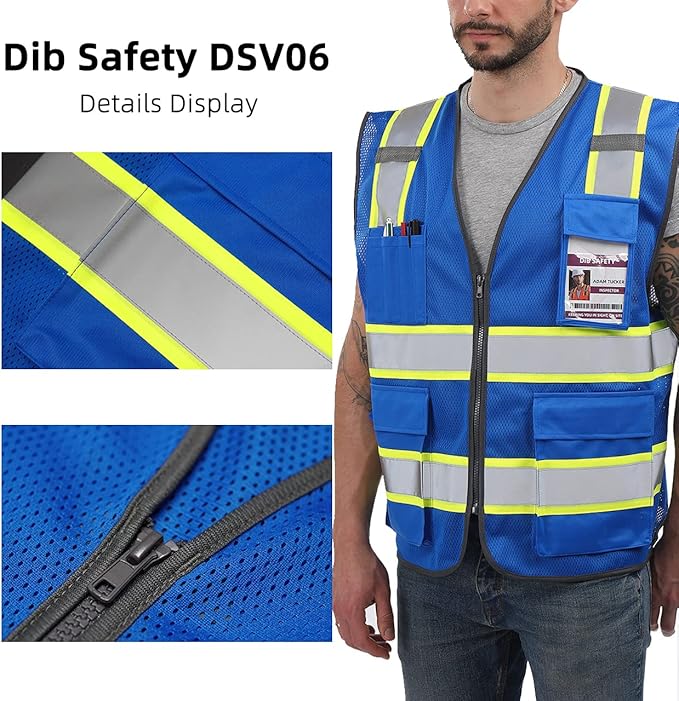 Dib Safety Reflective Mesh Vest High Visibility Two Tone with Pockets and Zipper, Blue Mesh with Yellow Trim M