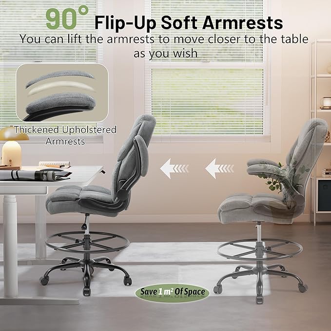 500LBS Drafting Chair, High Back Safer Standing Desk Chair, Executive Tall Office Chair with Flip-up Armrests, Upholstered Fabric Task Chair, Ergonomic Seat with Adjustable Height&Foot Ring, Grey