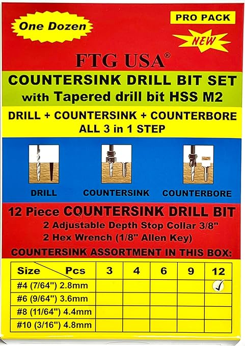 FTG USA 12 Pc #4 (7/64") Countersink Drill Bit Set with Depth Stop Collar, Hex Wrench - Tapered Drill Bits for Wood