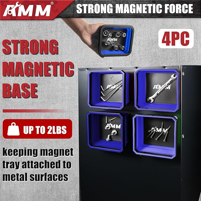 AMM Magnetic Tray, 4PC Foldable Magnetic Tool Tray Set for Bolts Screws Nuts & Small Metal Parts, Mechanic Tool Present for Men, 4.5 Inch Square (4PC, Blue)