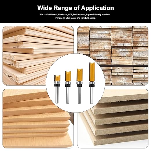 Flush Trim Router Set for Woodworking - Cabinet, Rabbeting, Tongue & Groove(Router Bit-1/4 Inch Shank-4 pcs Straight)