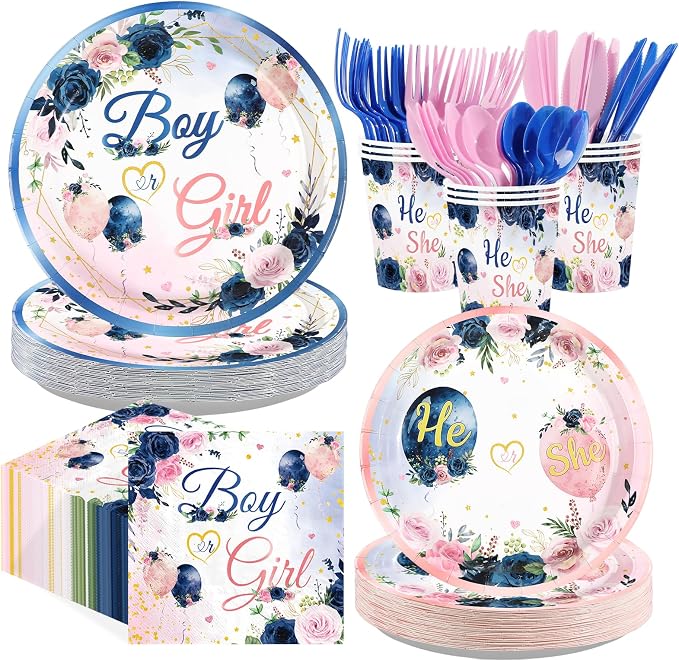 168Pcs Navy Blue and Pink Gender Reveal Party Decorations Serves 24 | Baby Boy by Greencian