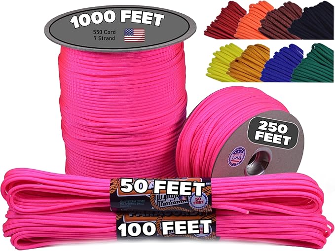 BORED? PARACORD! 550 lb Paracord - Ideal for Crafting, Camping, DIY Projects, Active & Military Outdoors - Strong Survival Rope - Tactical Parachute Cord Type III - Neon Pink 100 Feet