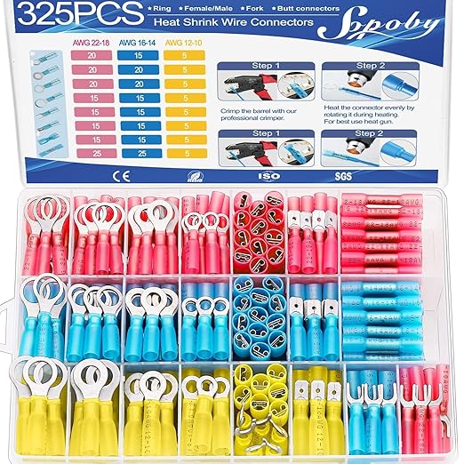 325PCS Marine Grade Heat Shrink Wire Connectors - Sopoby Electrical Connectors Kit of Tinned Red Copper, AWG 22-10 Waterproof Crimp connectors terminals Insulated Ring Fork Spade Butt Splices