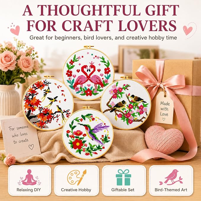 Zhenqing 4 Bird Circle Cross Stitch Kit 11CT Pre-Printed Floral Bird Embroidery - Image 10