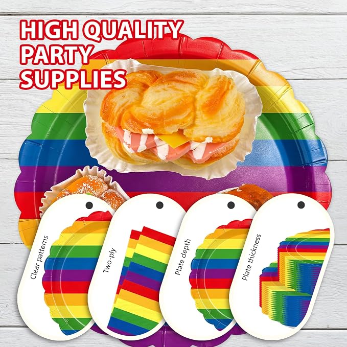 168 Pcs Rainbow Birthday Party Decorations, Serves 24 | Rainbow Stripes Plates - Image 2