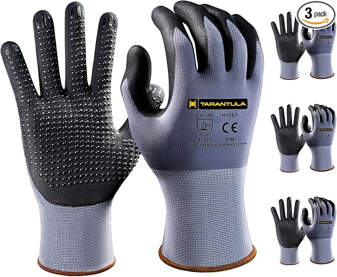 Tarantula Safety Work Gloves MicroFoam Nitrile Coated 3 Pairs,Endurance Seamless Knit Nylon,Dots on Palm,Dot Grip Gloves,X-Lagre
