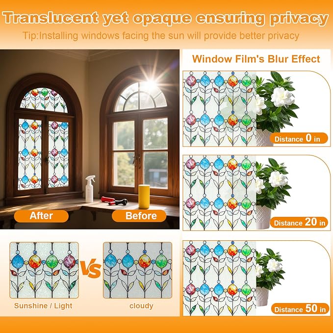 Countewol Frosted Privacy Window Film Stained Glass Style Adhesive-Free - Image 3