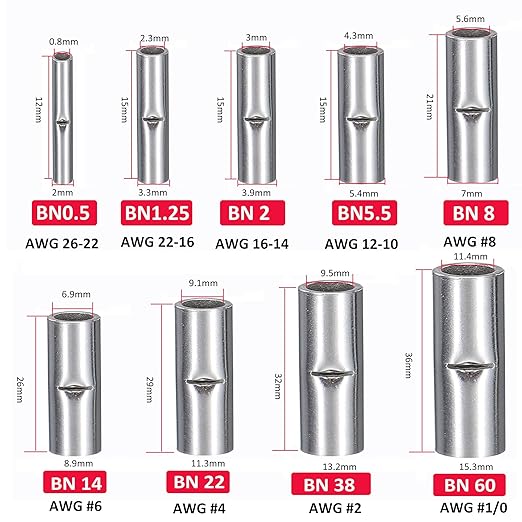 100 PCS Non-Insulated Butt Connectors Kit, AWG 16-14 Wire Ferrules, Electrical Wire Connectors Crimp Ferrule Terminals Kit-BN2