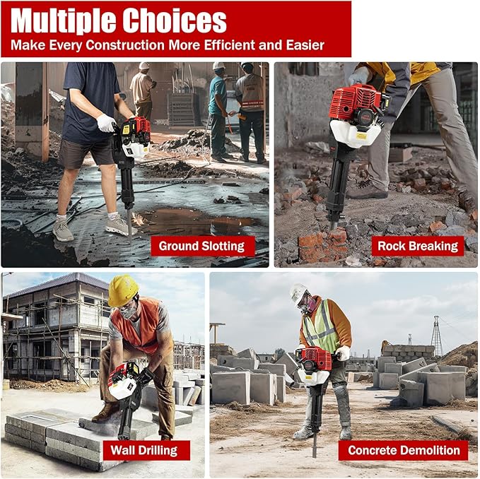 52CC 2 Stroke Demolition Jack Hammer, Gas Powered Concrete Breaker Punch Drill Jack Hammer, Heavy Duty Concrete Breaker for Trenching,Chipping,Breaking Holes
