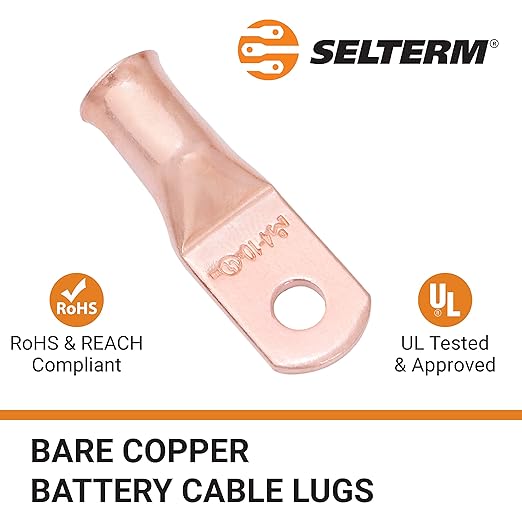 SELTERM 25pcs 4 AWG #10 Stud Battery Lugs, Ring Terminals, Heavy Duty Copper Wire Lugs, Battery Cable Ends, 4 Guage Ring Terminal Connectors, UL Bare Copper Eyelets Electrical Battery Cable Lugs