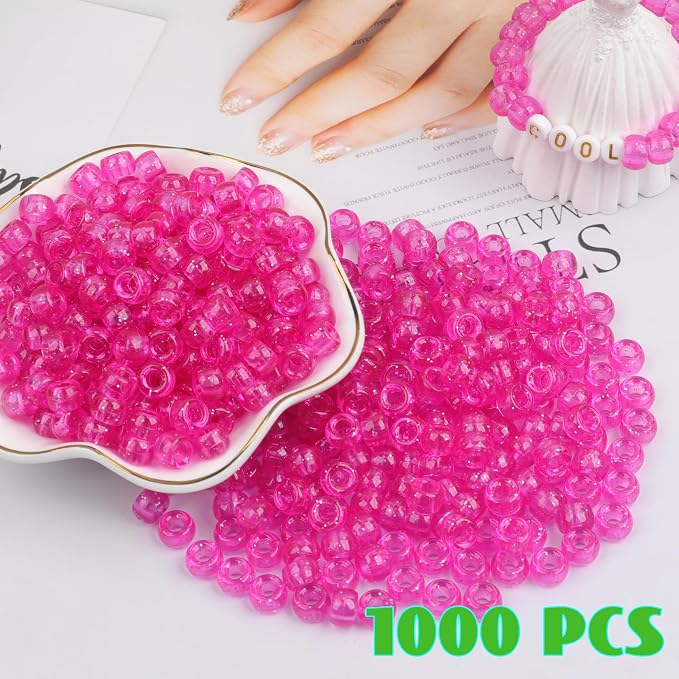 1000Pcs Pony Beads Bracelet 9mm Hot Pink Glitter Plastic Barrel Pony Beads - Image 4