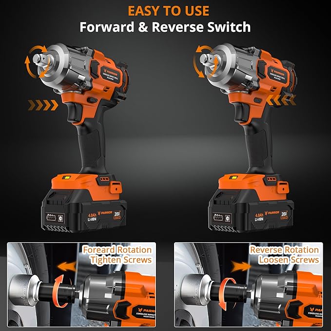 Impact Wrench with 3-Speed Torque Settings (380/600/900N.m),1/2 Impact Gun Chuck & 3/8" Adapter,4Ah Battery & 2.0Ah Fast Charger,Power Tool Kits for Impact Drill,Heavy-Duty Tasks