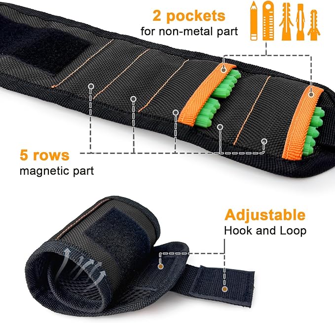 vidsel Magnetic Tool Holder Belt & Wrist-Band (15 N38 Magnets), Adjustable Work Gadget for Electricians/DIY/HVAC, Screws, Nails, Drill Bits Organizer, Birthday Gift for Men, Dad, Husband, Black