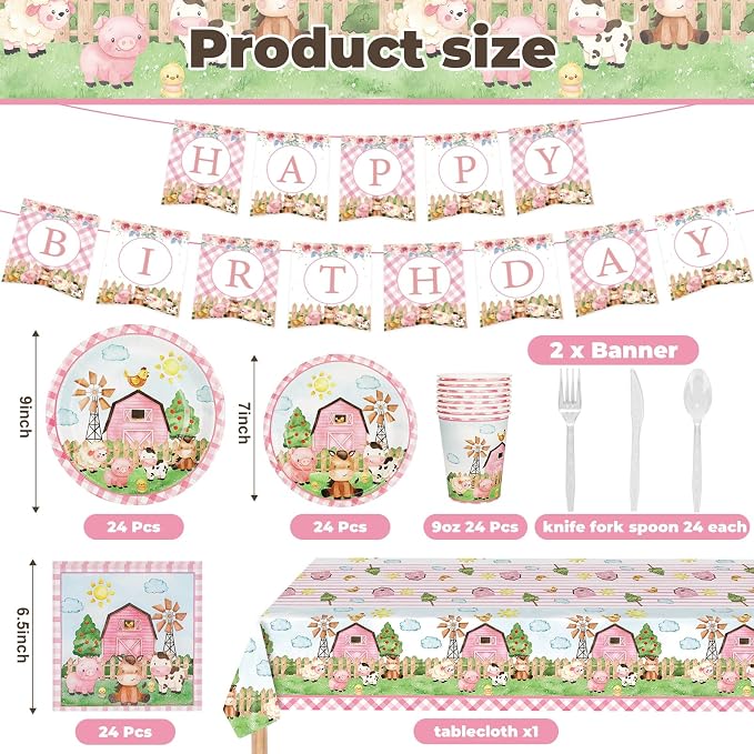 171 PCS Farm Animals Birthday Party Supplies, Disposable Pink Plates Napkins - Image 2