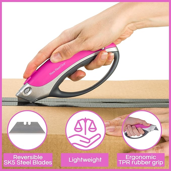 Pink Box Cutter Retractable Utility Knife - Two Pack Heavy Duty Cardboard Carton Cutter Opener Retracting - with 5 Sharp Utility Razors