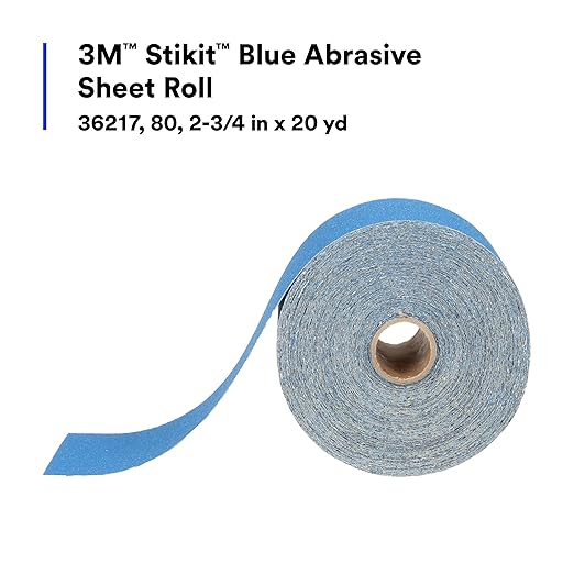3M Stikit Blue Abrasive Sheet Roll, 36217, No Hole, 2.75 in x 20 yd, 80+ Grade, Automotive Sanding Roll Sandpaper for Coating Removal, Body Repair, Auto Sanding