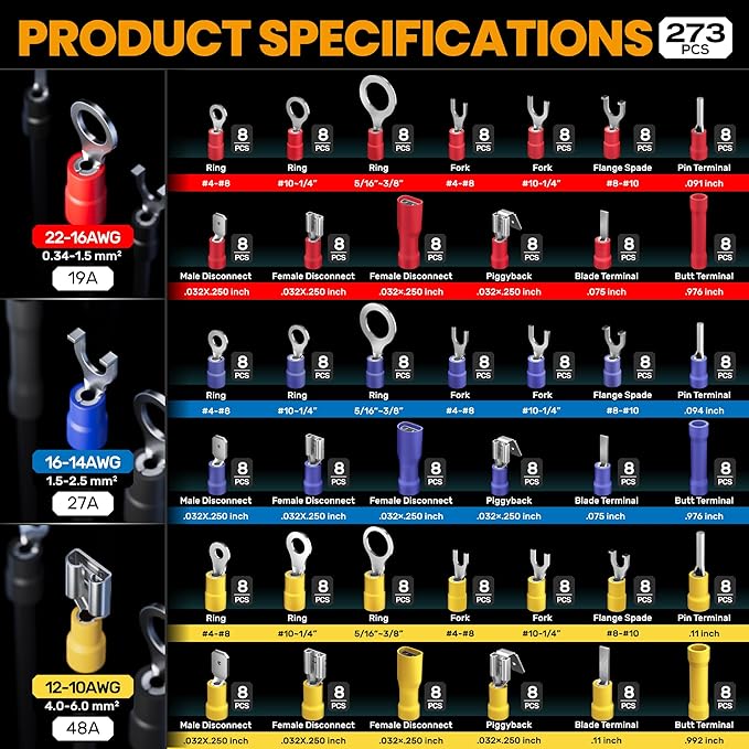 SOMELINE Wire Terminals Crimping Tool, with 39 Sizes Insulated Ratcheting Terminals Crimper Kit of AWG 22-10 Insulated Electrical Butt Bullet Spade Fork Ring Spade Splice Crimp Terminals
