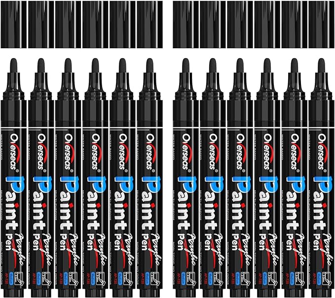 Overseas 12 Pack Black Acrylic Paint Pens Permanent Markers, Medium Tip | by Overseas