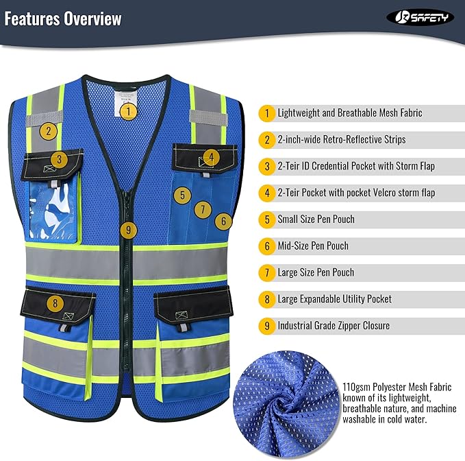 JKSafety Hi Vis Reflective Safety Vests for Men Women High Visibility Vest with Pockets Mesh Fabric Construction Safety Apparel Neon Vest for Work (220-Blue M)