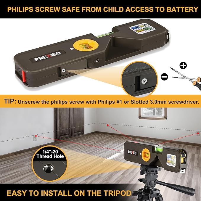 PREXISO 4-in-1 Line Laser Level Multipurpose Torpedo Level, 65Ft Alignment Point & 16Ft Laser Line & 10Ft Measure Tape Ruler & Quick Angle Setting for Hanging Picture Wall Marking Home Renovation