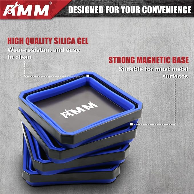 AMM Magnetic Tray, 4PC Foldable Magnetic Tool Tray Set for Bolts Screws Nuts & Small Metal Parts, Mechanic Tool Present for Men, 4.5 Inch Square (4PC, Blue)