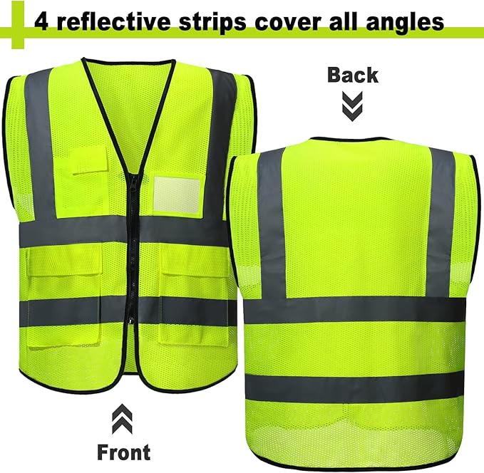 JenPen 10 Pieces Reflective Safety Vests with Pockets and Zipper, High Visibility Mesh Construction Vest for Men Women