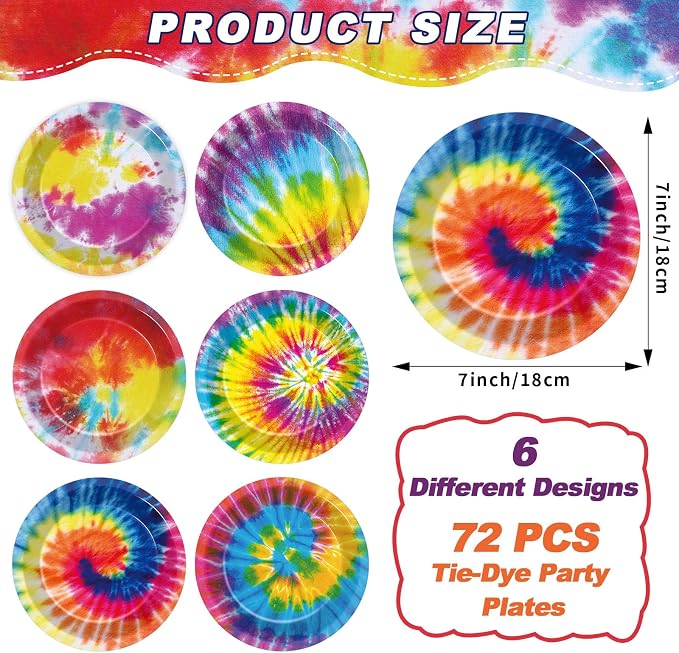 Naozinebi 72PCS Tie Dye Birthday Plates Tie Dye Party Decorations Colorful - Image 2