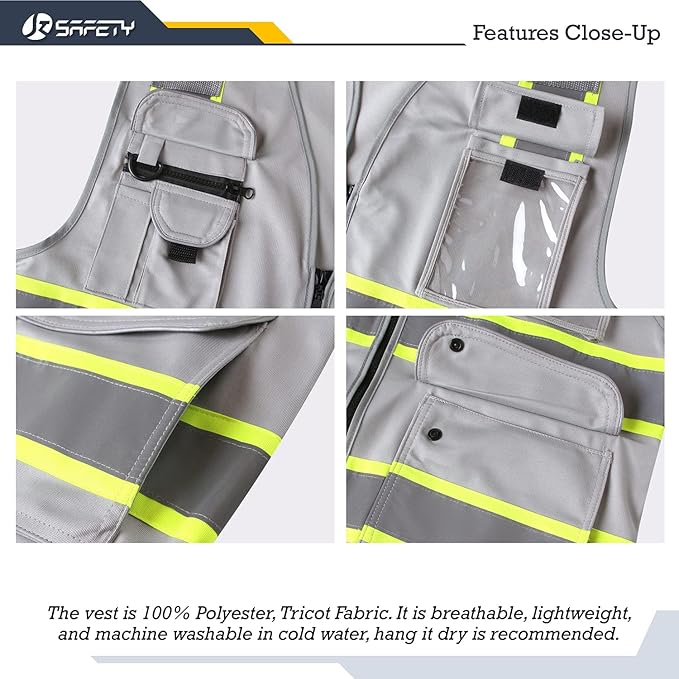 JKSafety 9 Pockets Hi-Vis Fluorescent Color Zipper Front Safety Vest with Neon Color Extended Yellow Trims for Men and Women Work Safety Utility (901-Grey 4XL)